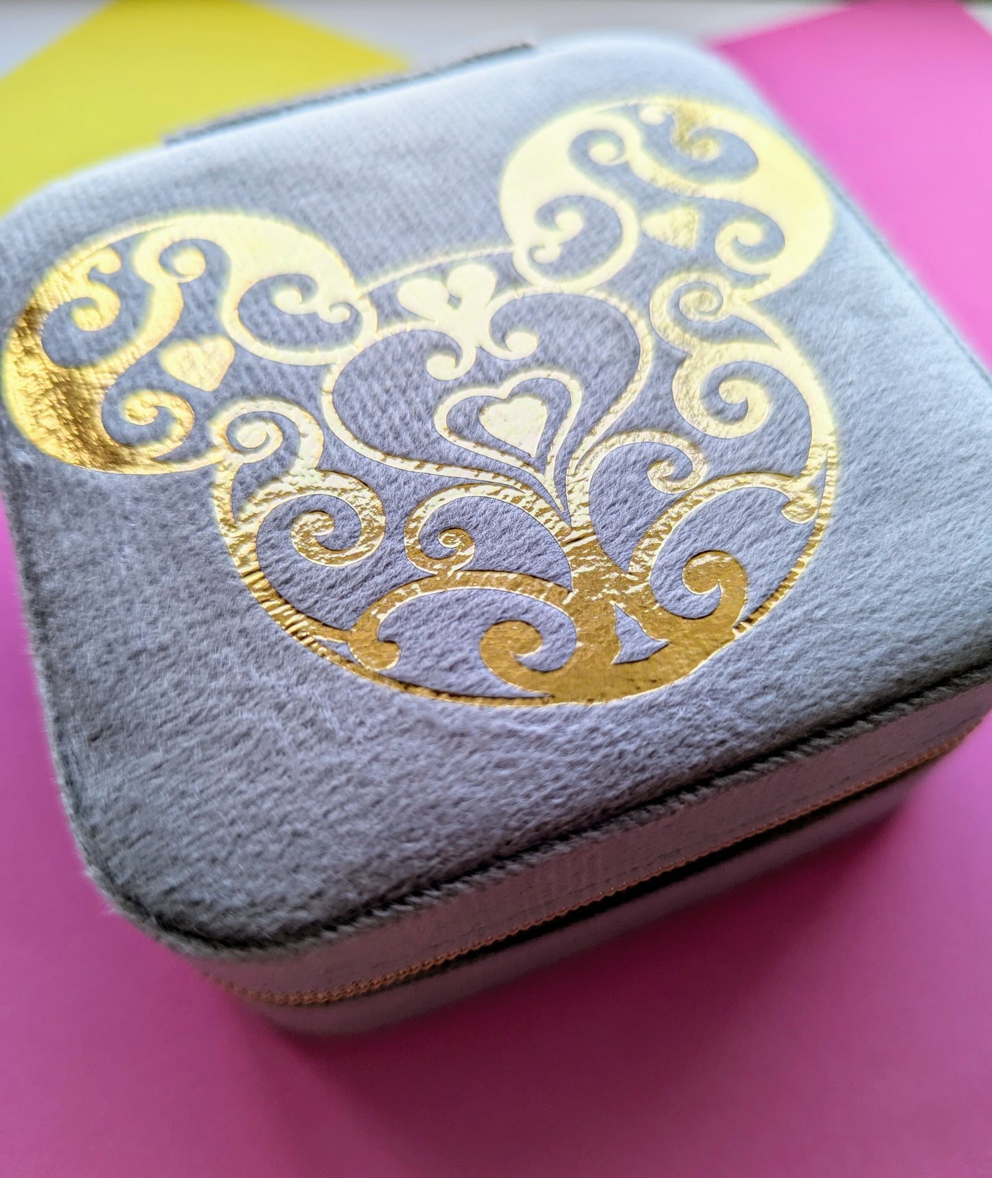 Grey With Gold Foil Mickey Velvet Jewellery Box