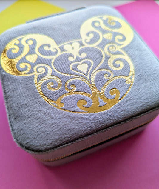 Grey With Gold Foil Mickey Velvet Jewellery Box