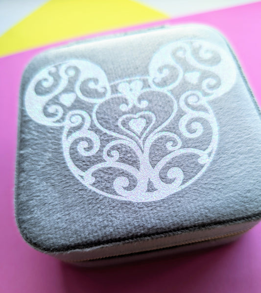 Grey With White Glitter Mickey Velvet Jewellery Box