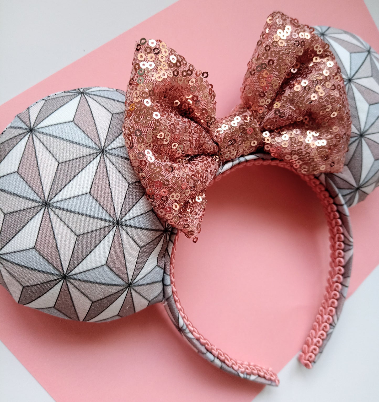 Spaceship Earth inspired mouse ears with Rose Gold bow - perfect for visiting EPCOT!