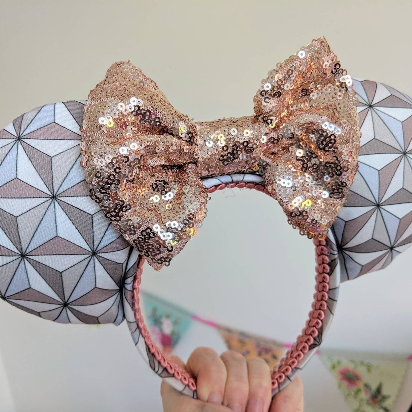 Spaceship Earth inspired mouse ears with Rose Gold bow - perfect for visiting EPCOT!