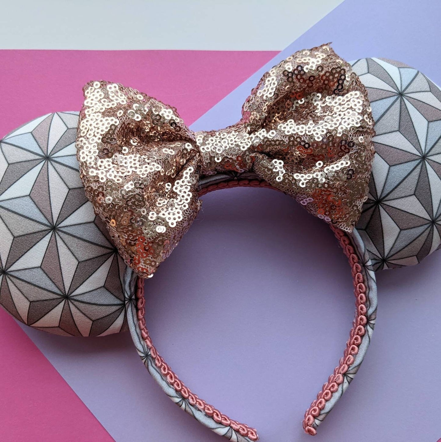 Spaceship Earth inspired mouse ears with Rose Gold bow - perfect for visiting EPCOT!